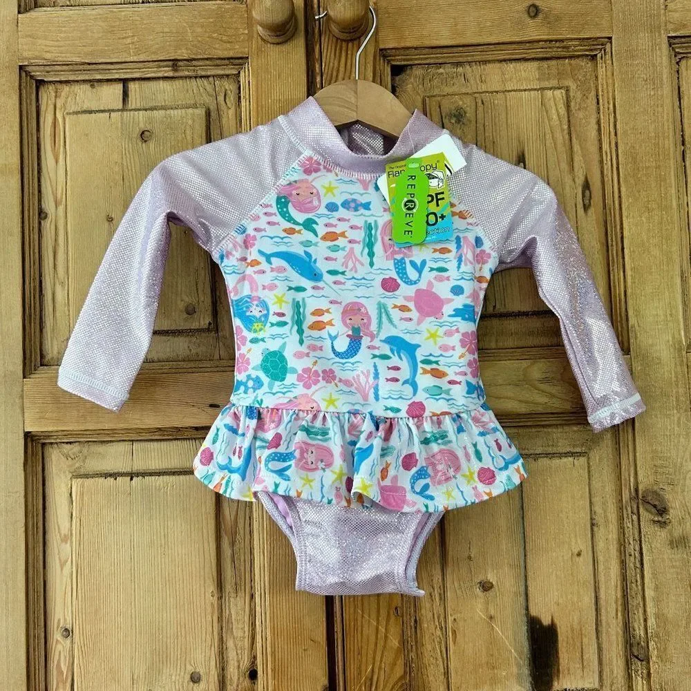 NWT FlapHappy 6M UPF 50+ Rashguard Swimsuit Mermaid‎ Fish Glitter Pink Baby
